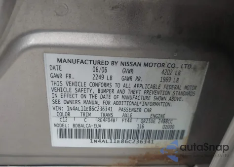 2006 Nissan Altima 2.5 S z USA, uszkodzony, nr VIN 1N4AL11E86C236341